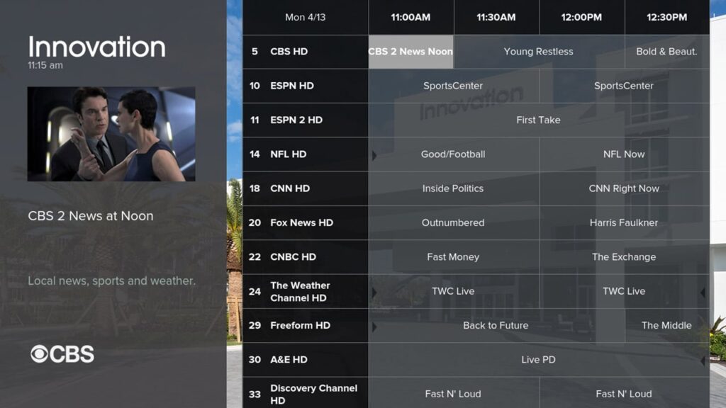 This image shows a television program guide interface with the "Innovation" theme, displaying a list of channels with scheduled shows and two people in a dramatic pose.