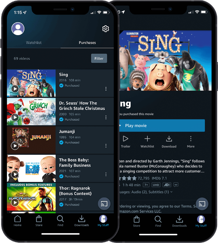 Two smartphone screens display a movie purchasing app interface with a list of films, including "Sing" and "The Grinch," emphasizing user interface and functionality.
