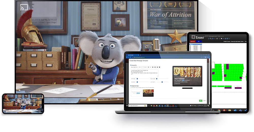 4 screens showing the following: phone and TV demonstrating casting of the movie Sing. Laptop shows editor view for clients to design messages that are delivered to room TVs. iPad shows detailed 3d image of the installed system's health.