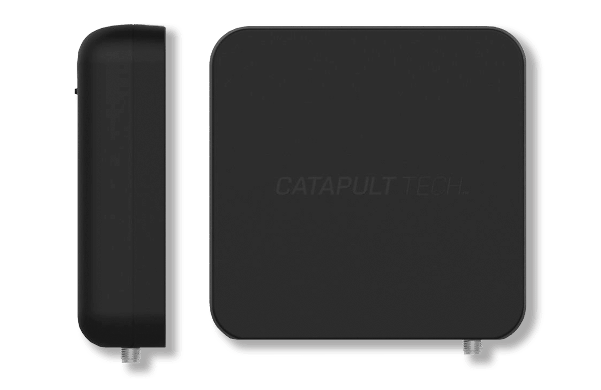 The image shows two black devices, one rectangular and flat, the other more bulky and upright, with "CATAPULT TECH." branding visible, possibly electronic equipment.