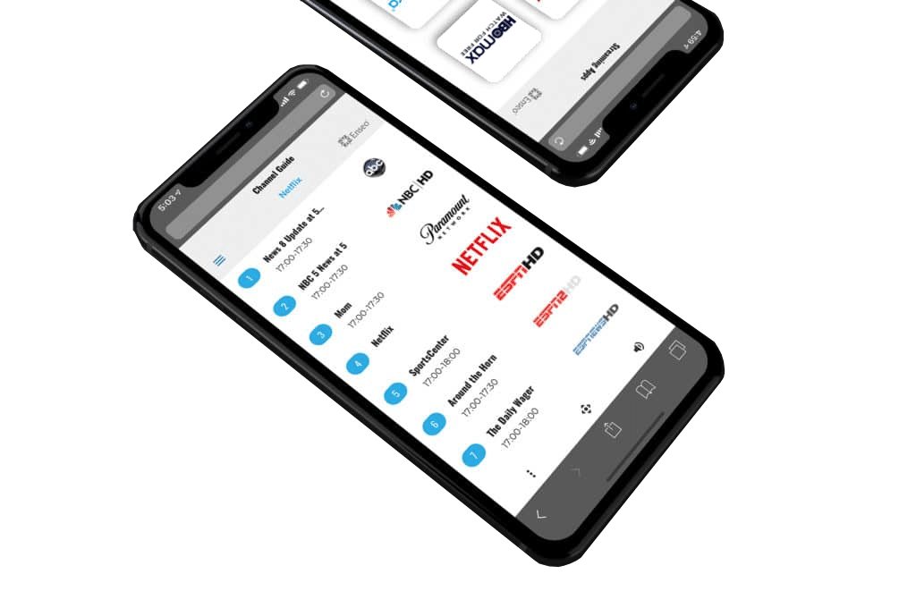 Closeup view of enseoCONNECT app. It shows selectable streaming apps, including Netflix, Youtube, and HBO Max, along with HD TV channels including NBC, Fox, ABC, Fox, and ESPN.