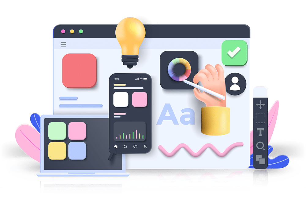 Abstract depiction of a hand designing a web-based interface. Color wheel, color palette, typography, lines and thickness, etc.