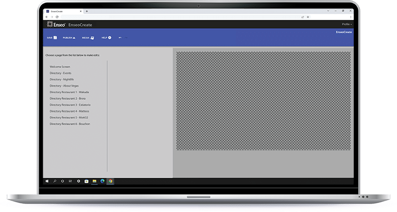 Welcoming screen after login to CORE Create. A blank preview beside several available pages to modify.