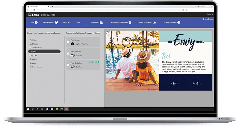 CORE Create design screen running on a laptop. Displays options to update text and images.