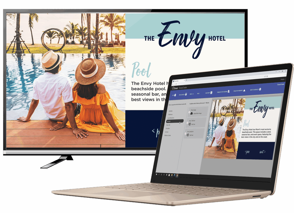 Two people are seated by a pool overlooking palm trees, displayed across a computer monitor and a laptop screen, depicting a website design for The Envy Hotel.