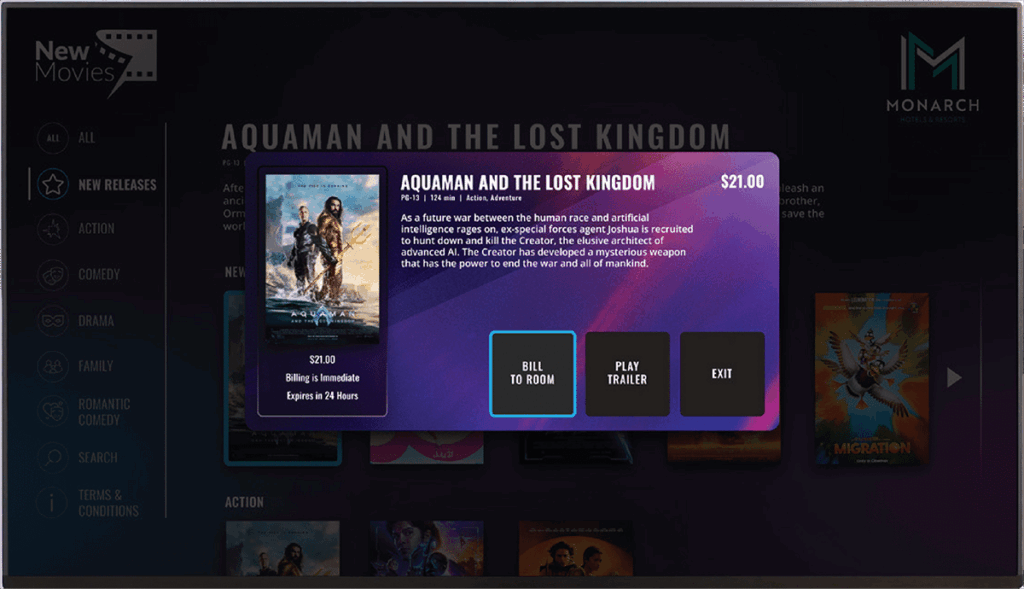 The image shows a graphical user interface for a movie rental system, featuring "Aquaman and the Lost Kingdom" with options to bill, play trailer, or exit.