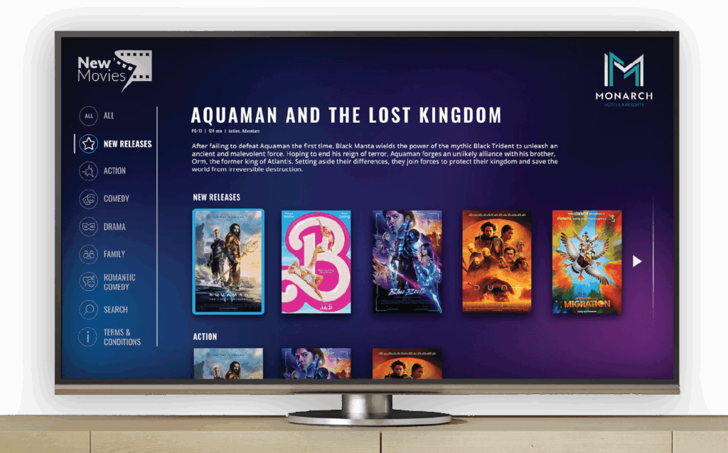 The Enseo VOD New Movies app running on a TV, showcasing the latest Hollywood movies still in theaters.