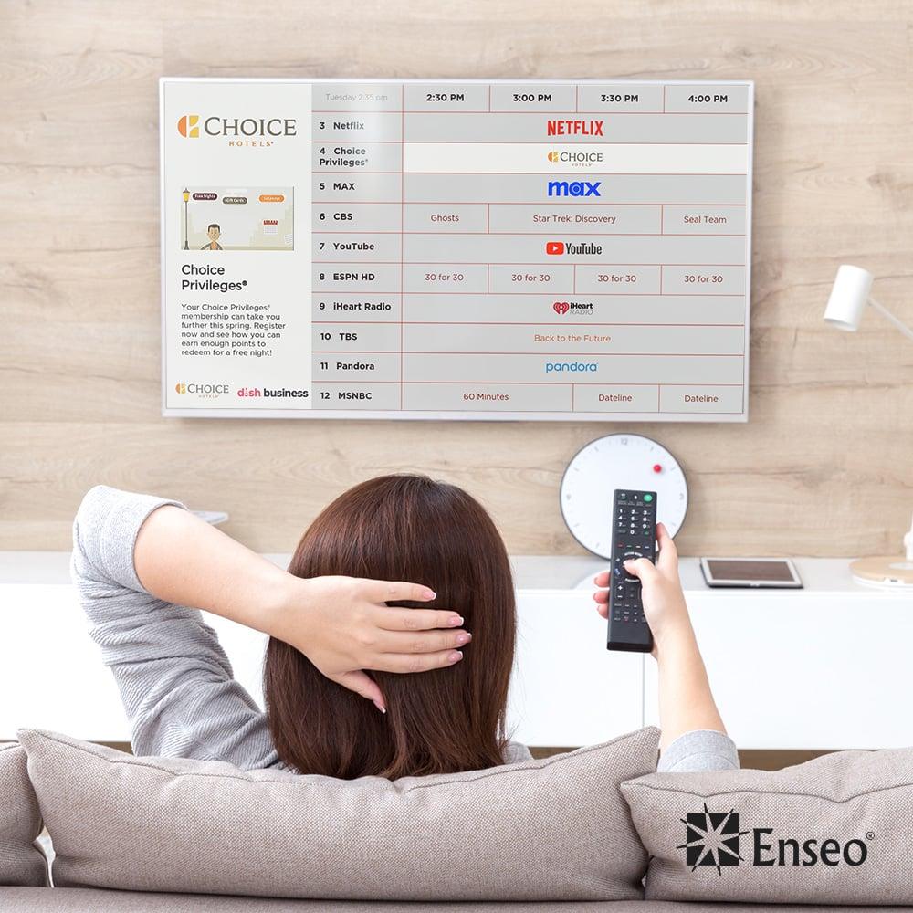 Enseo hotel guest watching Choice Hotels Interactive Program Guide